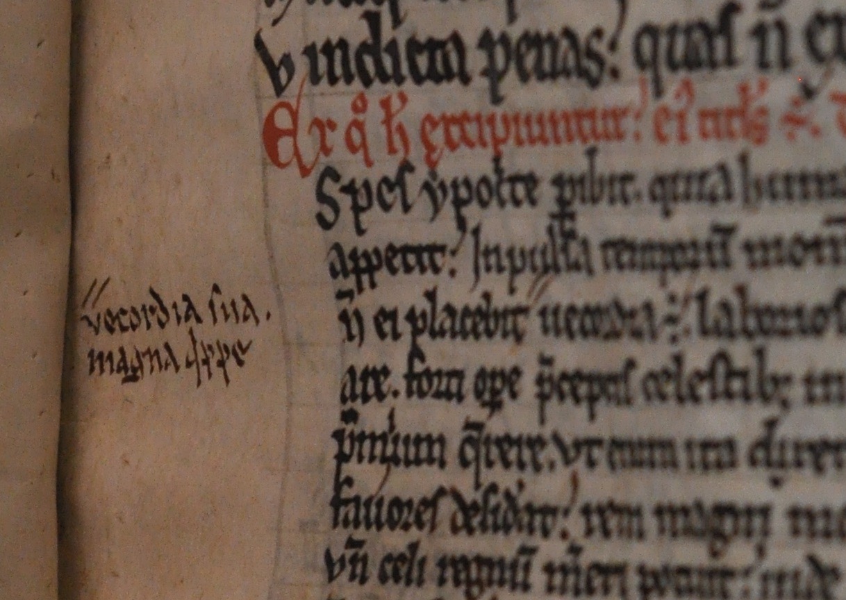 Marginal correction to Cambridge, Pembroke College, MS 115, fol. 28r.